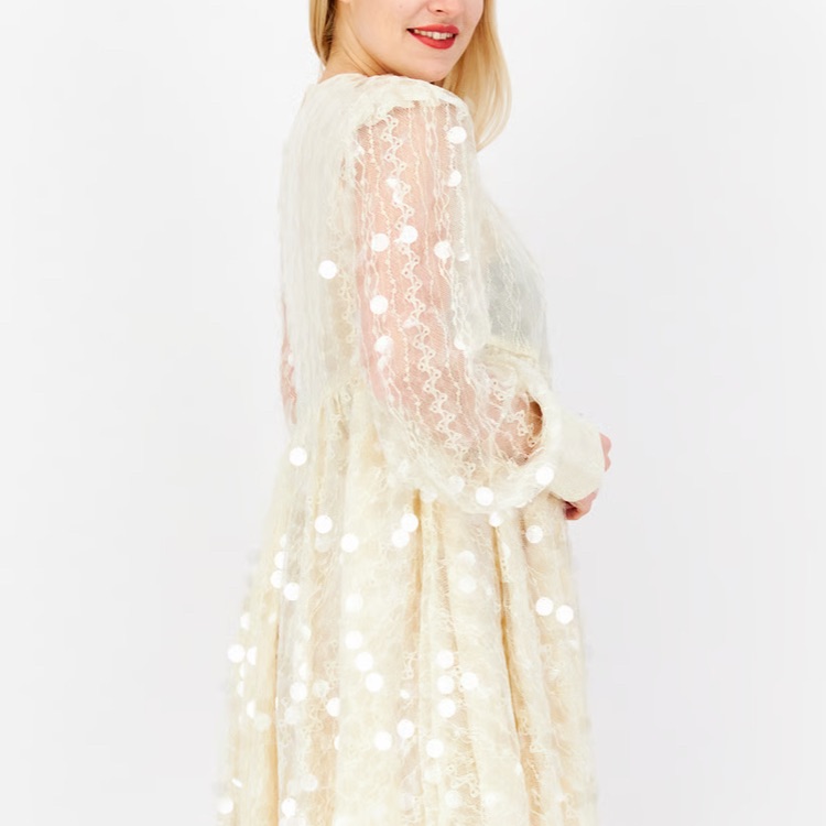 En Saison Cream Long Sleeve Sequin Cocktail Dress